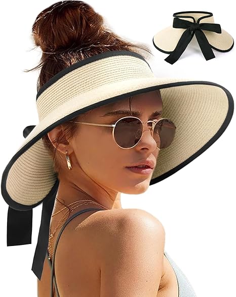 Sun Visors for Women Wide Brim Beach Hat Foldable Straw Visor Hat Ponytail Summer Packable UPF