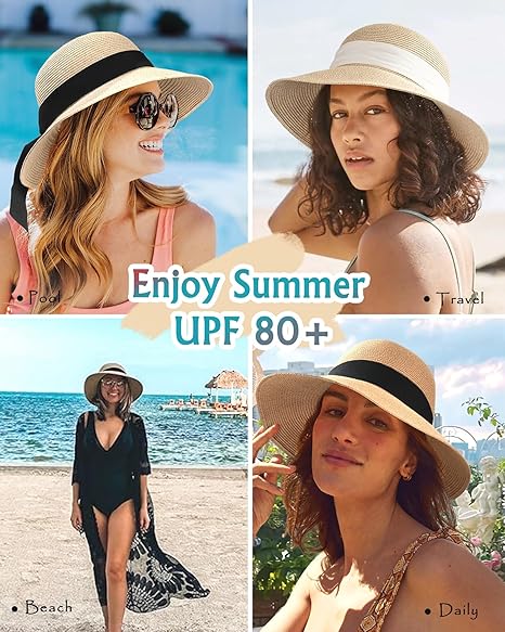 Womens Beach Sun Straw Hat UV UPF 80+ Travel Foldable Brim Summer UV Hat