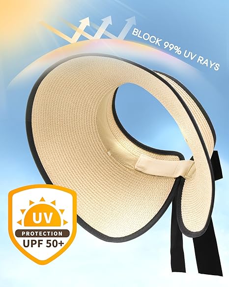 Sun Visors for Women Wide Brim Beach Hat Foldable Straw Visor Hat Ponytail Summer Packable UPF
