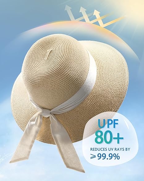 Womens Beach Sun Straw Hat UV UPF 80+ Travel Foldable Brim Summer UV Hat