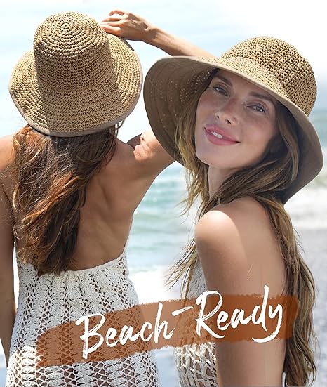 Summer Straw Beach Sun Hats for Women UPF 50 Floppy Wide Brim Travel Bucket Hat Foldable Packable