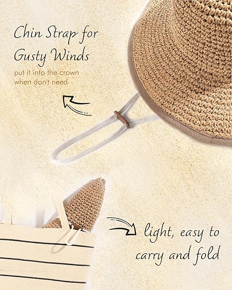Summer Straw Beach Sun Hats for Women UPF 50 Floppy Wide Brim Travel Bucket Hat Foldable Packable